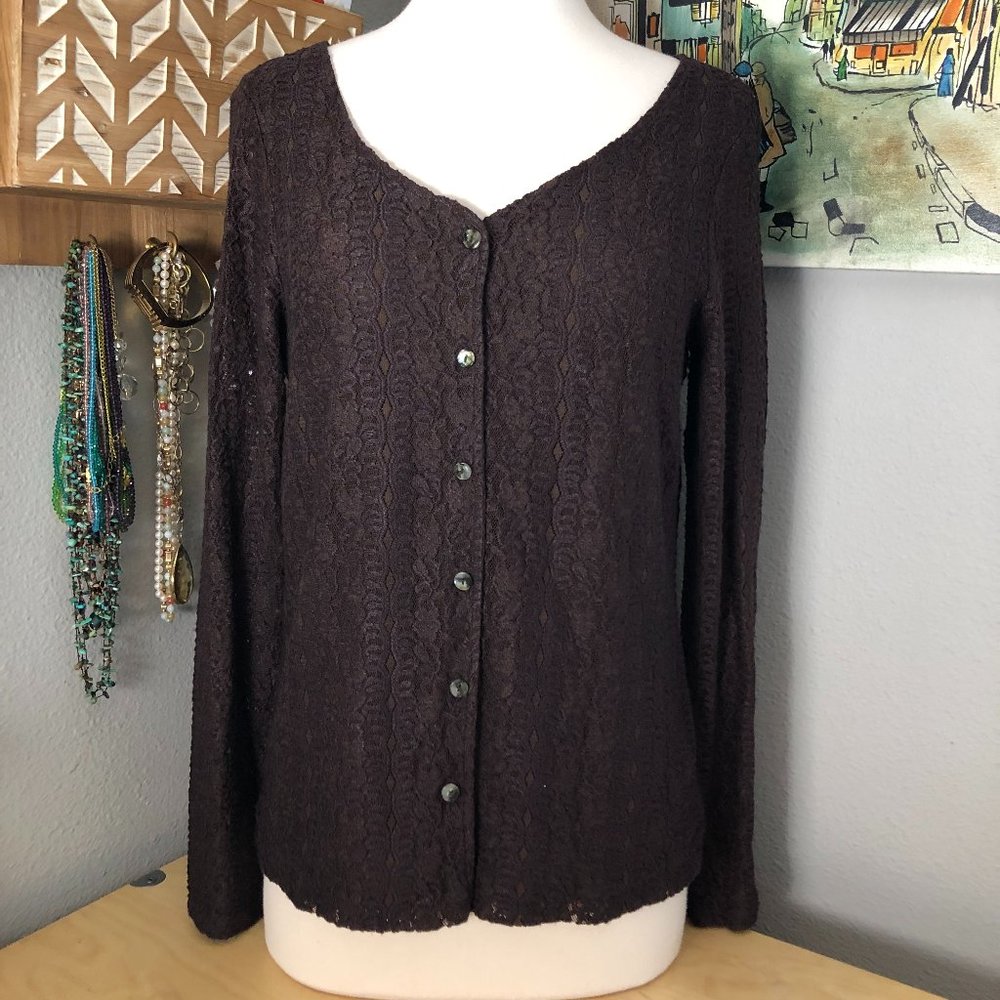 J. JILL Chocolate Brown Jacquard Knit Cardigan Womens S Modern Minimalist VTG